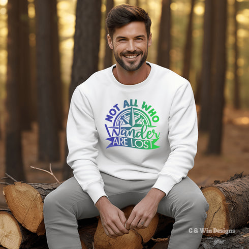 This sweatshirt features a stunning colorful gradient graphic that will make you stand out on your outdoor escapades. With the inspiring saying "Not All Who Wander Are Lost" emblazoned across the front, this sweater is not just a piece of clothing, but a statement of your adventurous spirit and love for exploration.